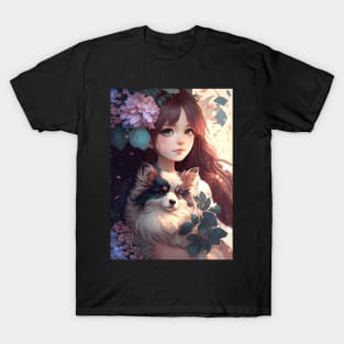 Cute Floral Anime girl With Her Dog T-Shirt